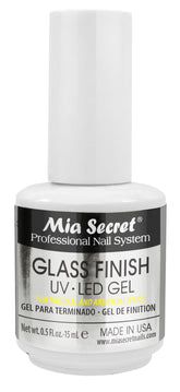 Mia Secret Glass Finish bottle closeup showing clear UV-LED gel for residue-free finish.