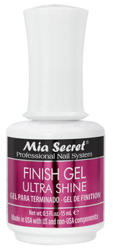 Mia Secret UV Finish top coat bottle close-up shows high-gloss, long-lasting shine.