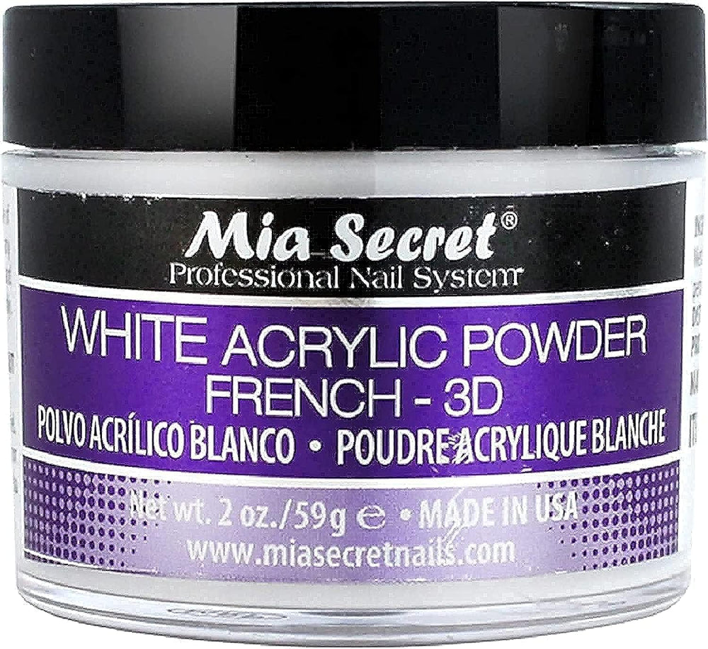 Mia Secret White Acrylic Powder 2oz jar closeup showing smooth consistency for clean sculpting.