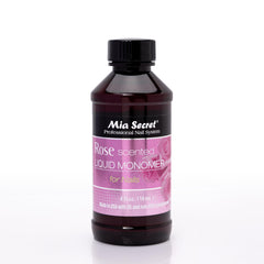 Mia Secret Rose Scented Monomer bottle shows calming aroma for a pleasant salon experience.