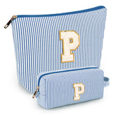 Mibasies 2pc initial makeup bags blue P front view show compact travel design