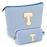 Mibasies 2pcs initial makeup bags blue front view for portable cosmetic organization.