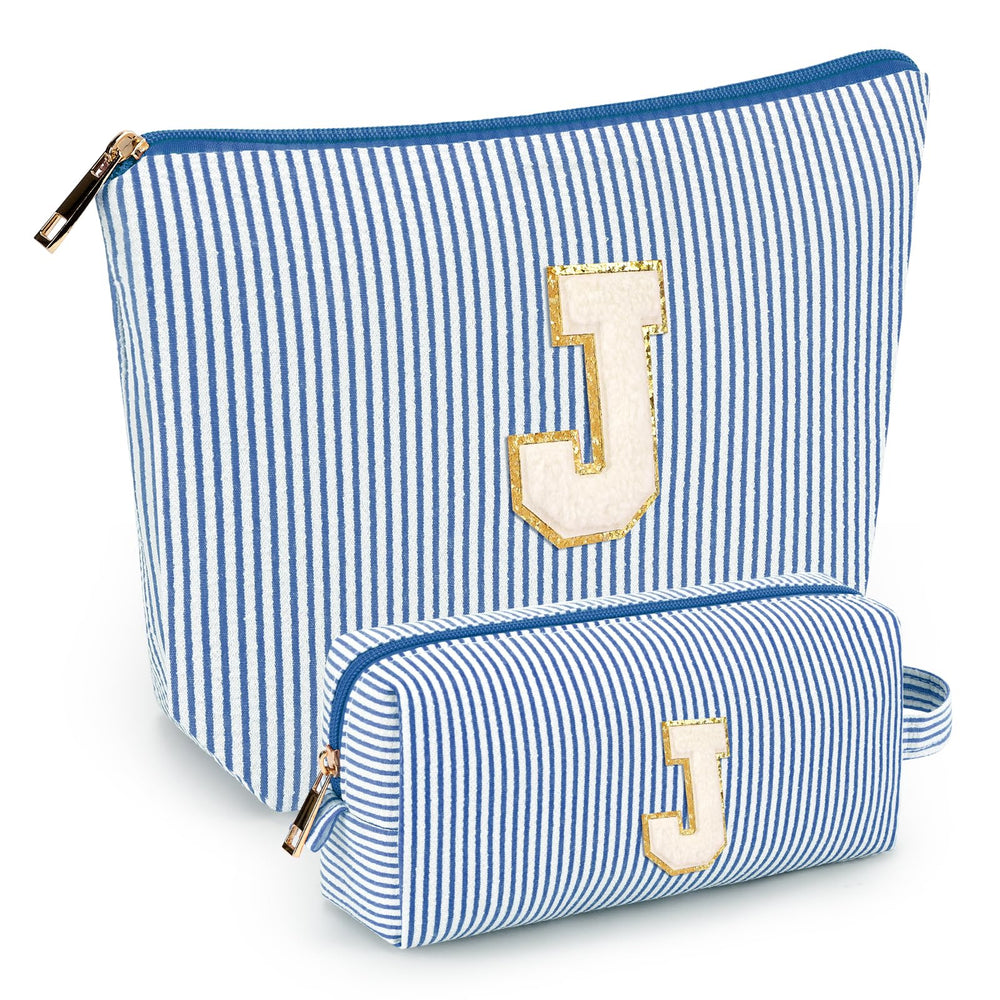 Mibasies initial makeup bag blue front view for organized travel cosmetics