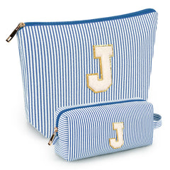 Mibasies initial makeup bag blue front view for organized travel cosmetics