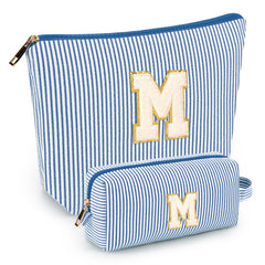 Mibasies initial makeup bags blue front view shows two-pack portability for travel essentials.
