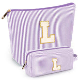 Mibasies initial makeup bags purple front view showing roomy space for travel cosmetics