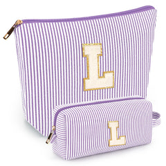 Mibasies initial makeup bags purple front view showing roomy space for travel cosmetics