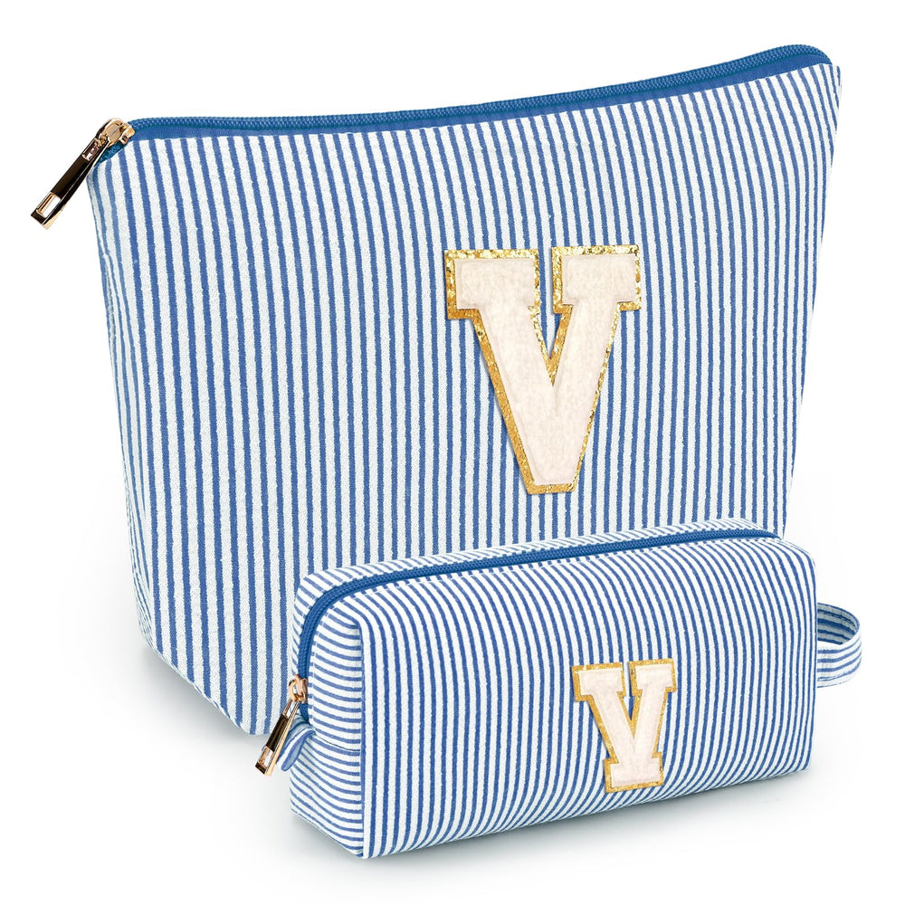 Mibasies two-pcs initial makeup bags blue front view for easy travel organization