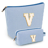 Mibasies two-pcs initial makeup bags blue front view for easy travel organization