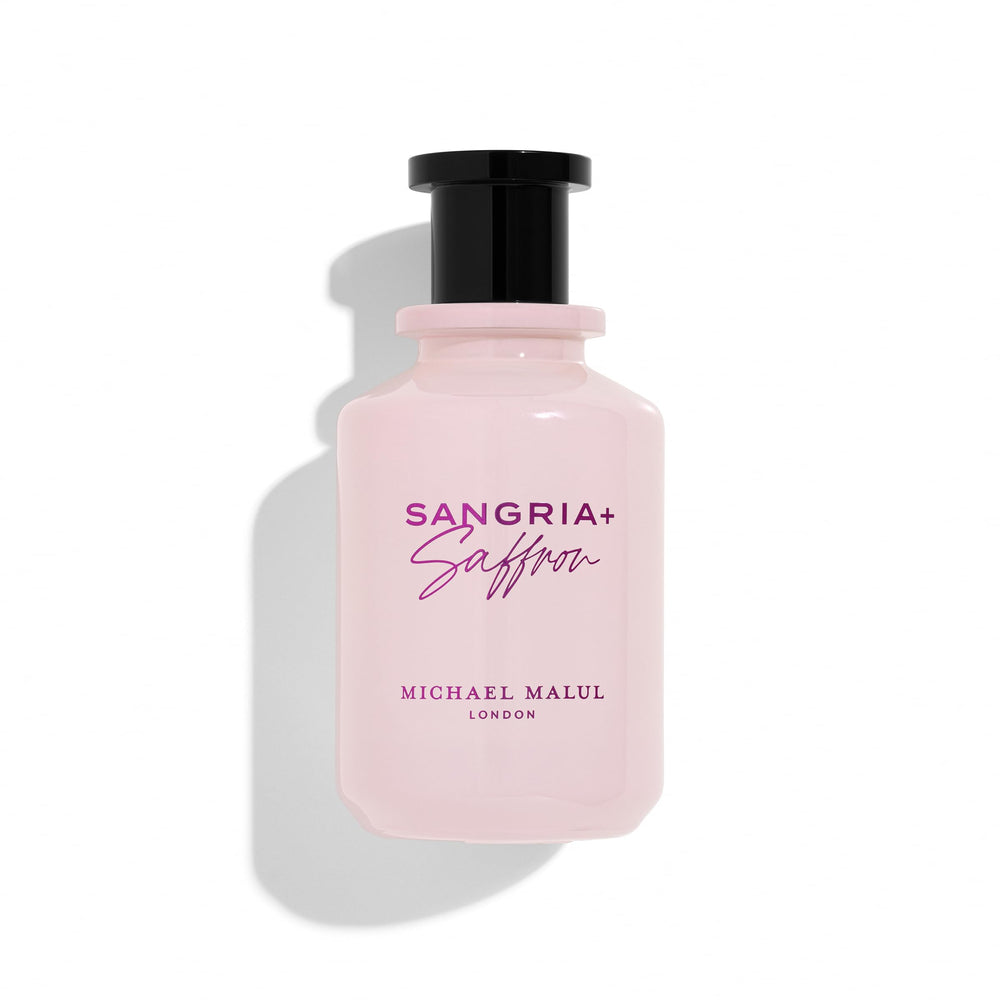 Michael Malul Sangria Saffron EDP bottle exudes evening luxury and deep burgundy hues.