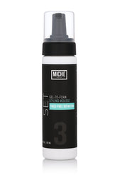 Miche Beauty Set Gel to Foam Mousse bottle on vanity for lightweight hold on all hair types.