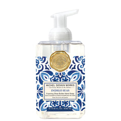 Michel Design Works Indigo Seas foaming hand soap pump—softens hands with moisturizing lather.