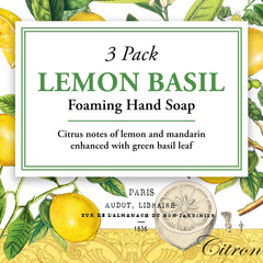 Michel Design Works Lemon Basil foaming hand soap bottle side view highlighting premium moisturizing formula