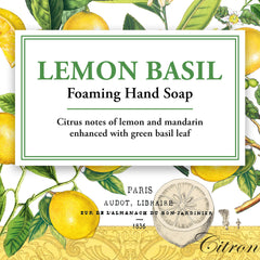 Michel Design Works Lemon Basil pump close-up shows creamy foam for gentle cleansing
