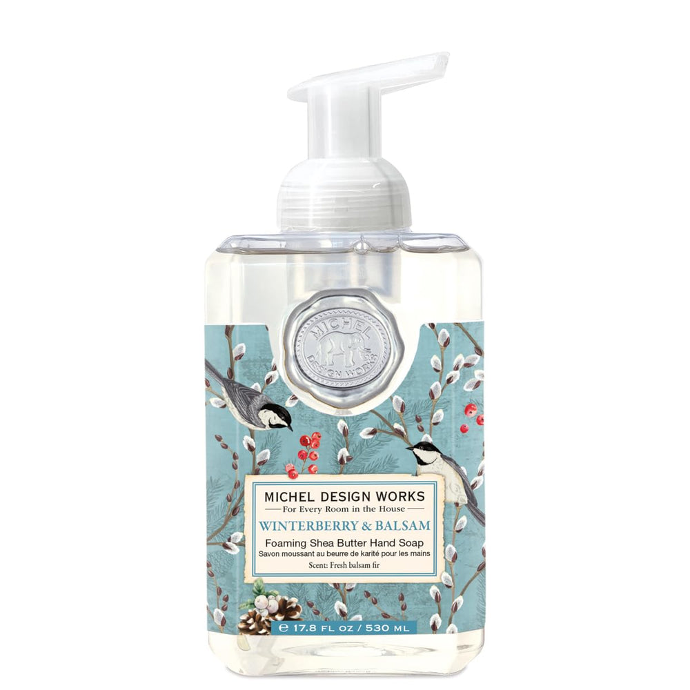 Michel Design Works Winterberry Balsam foaming hand soap in square pump bottle, an elegant daily cleansing companion.