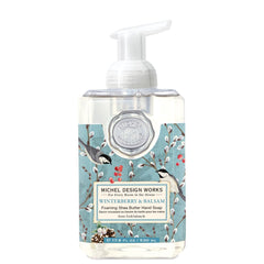 Michel Design Works Winterberry Balsam foaming hand soap in square pump bottle, an elegant daily cleansing companion.