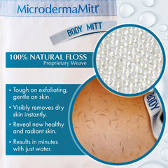 MicrodermaMitt Original glove in the shower demonstrates cleansing and texture refinement.