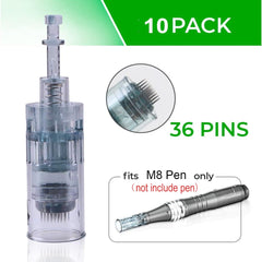 Microneedling pen cartridges M8 packaging highlights 10-pack reliability.
