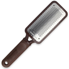 Microplane Colossal Foot File rasp edge close-up emphasizes ultra-sharp stainless steel for dead skin removal.