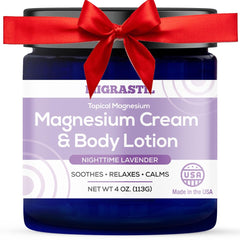 MIGRASTIL Nighttime Lavender Magnesium Cream bottle demonstrates quick-absorb formula for leg relaxation.