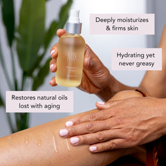 Mika Vie body oil pump shows quick-absorb application for morning routines.