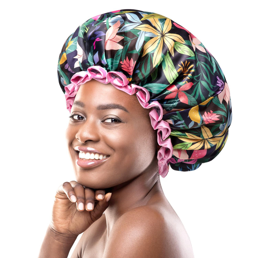 Mikimini rainforest shower cap floral pattern keeps hair dry during showers and spa days
