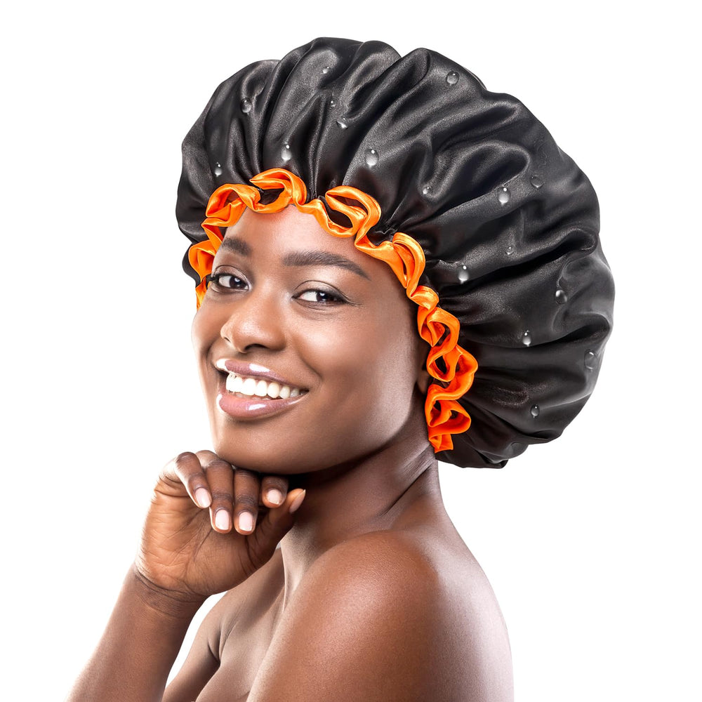 mikimini XL black shower cap with orange edge fits long hair for comfortable protection.