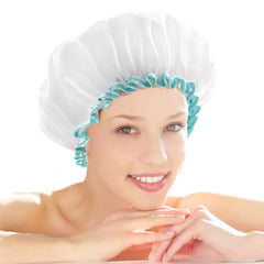 Mikimini white shower cap long hair on woman for shower protection