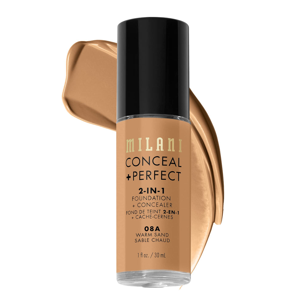 Milani Conceal & Perfect foundation Warm Sand bottle close-up for natural-looking coverage.