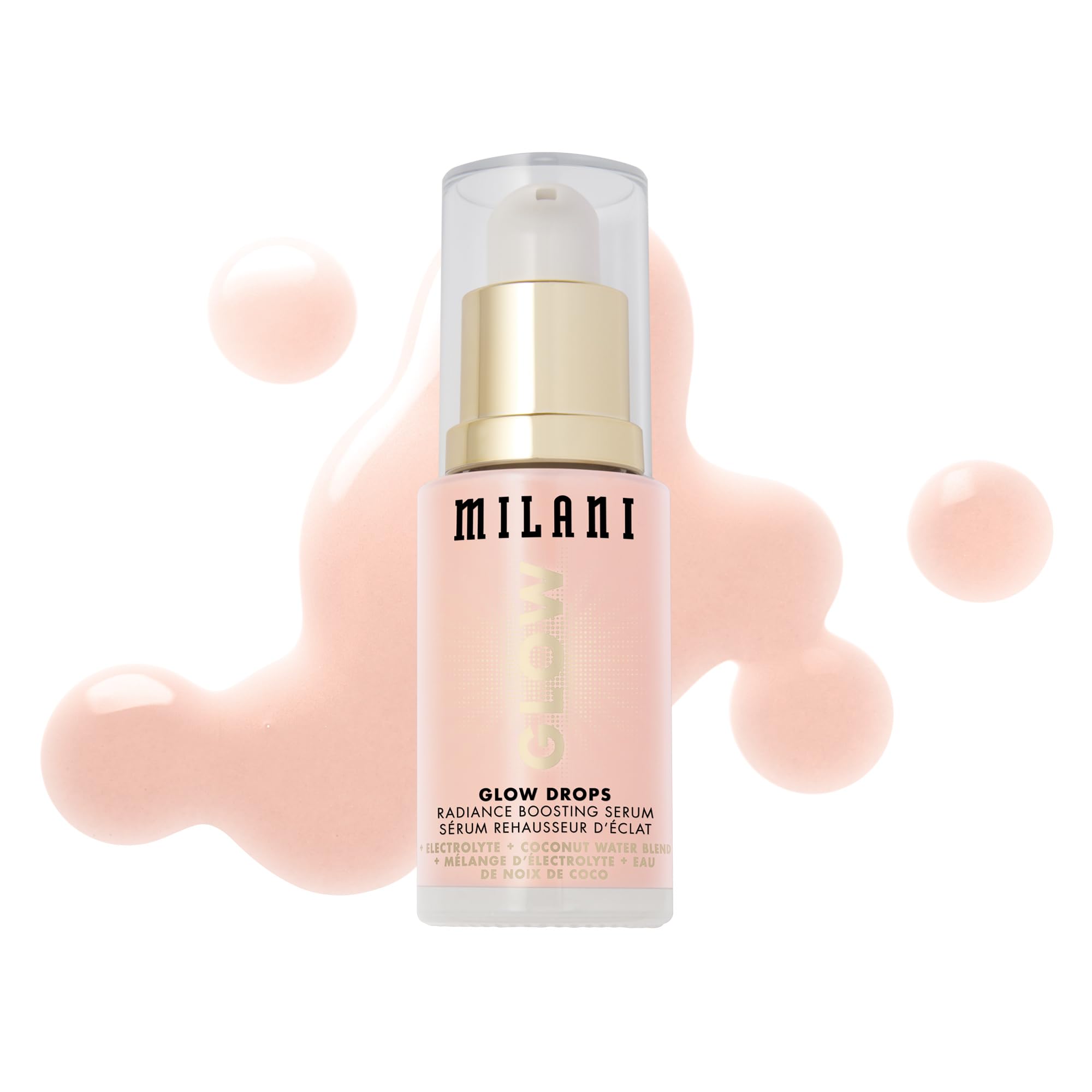 Milani Glow Drops bottle and pump for easy, hydrating glow.