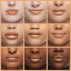 Milani lip gloss Gold Dust shine closeup highlights a glossy, hydrated look.