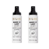 Milani Make It Dewy setting spray bottle closeup for hydrated glow.