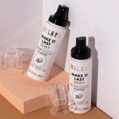 Milani Make It Dewy setting spray mist on cheek delivers instant dew.