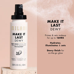 Milani Make It Dewy setting spray packaging shows two-pack value for travelers.