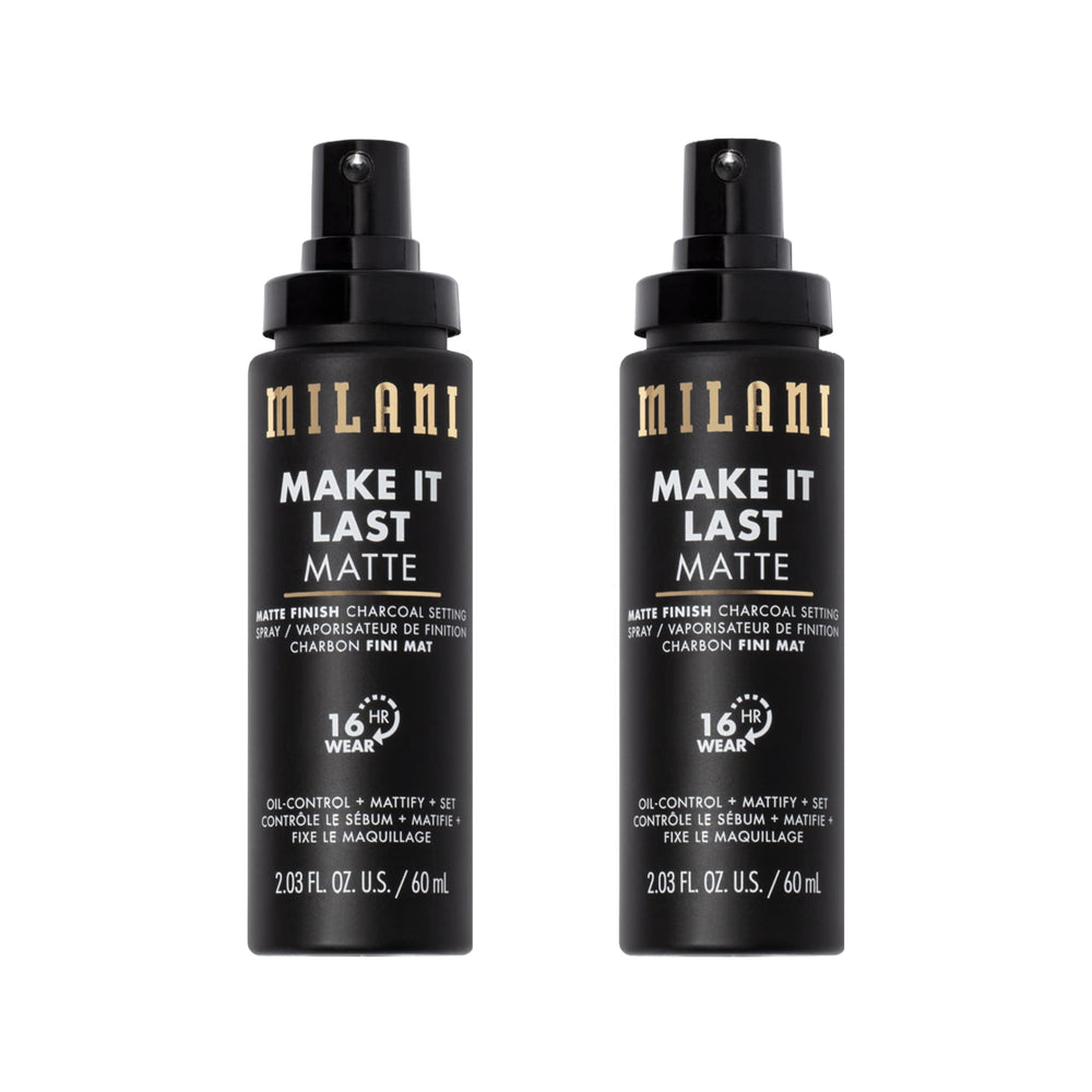 Milani setting spray primer bottle close-up showing matte finish for oil control