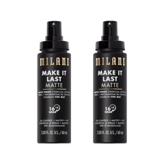Milani setting spray primer bottle close-up showing matte finish for oil control