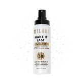 Milani sunscreen setting spray bottle closeup with SPF 30 for a dewy, protected finish