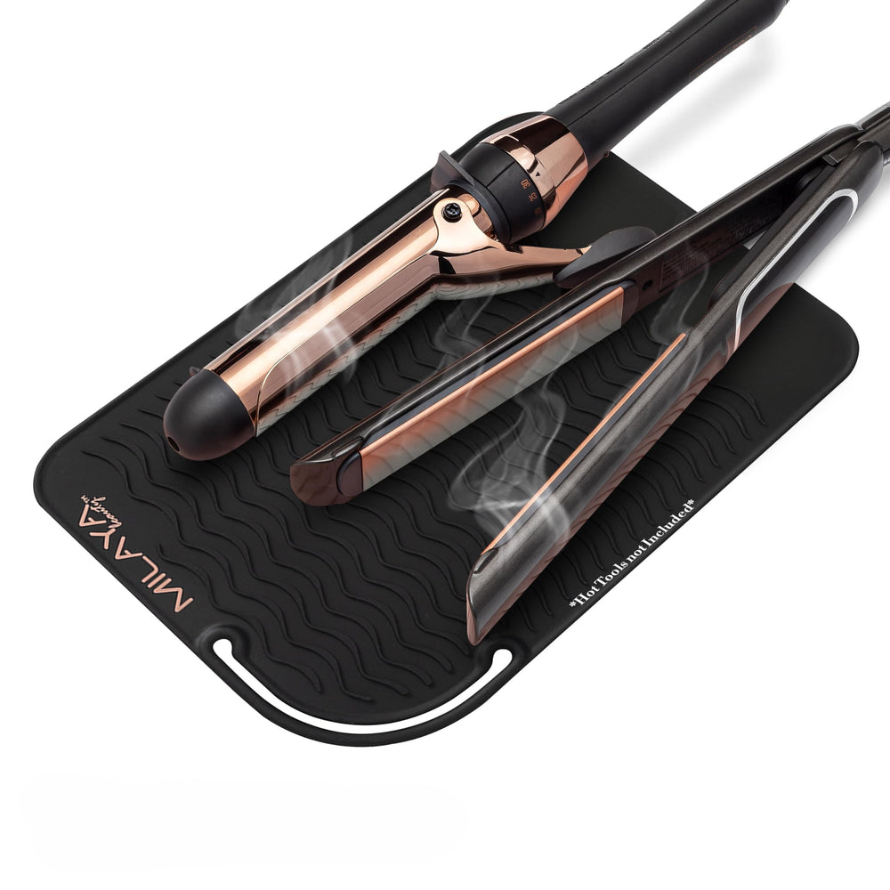 Milaya Beauty vanity-mat-heat-resistant shields surfaces during hot-tool use.