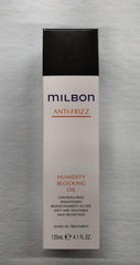 Milbon Anti-Frizz Oil bottle showing humidity-blocking, frizz-control for smooth waves.