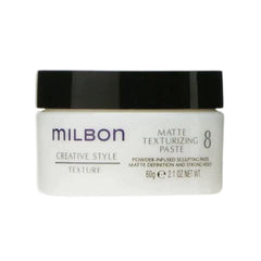 Milbon Matte Texturizing Paste packaging shows premium salon styling and durable matte hold.