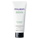 Milbon Moisture Replenishing Conditioner bottle pour highlights weightless hydration and color-safe care.
