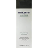 Milbon Moisture Replenishing Treatment Conditioner bottle shows sleek packaging for at-home care.