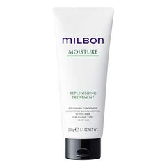 Milbon Moisture Replenishing Treatment Conditioner being applied to hair for lightweight moisture and shine.