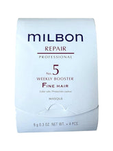 Milbon Repair No.5 bottle-front highlights compact weekly repair for fine hair.