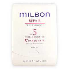 Milbon Repair No.5 Weekly Booster bottle highlights deep conditioning for coarse, dry hair