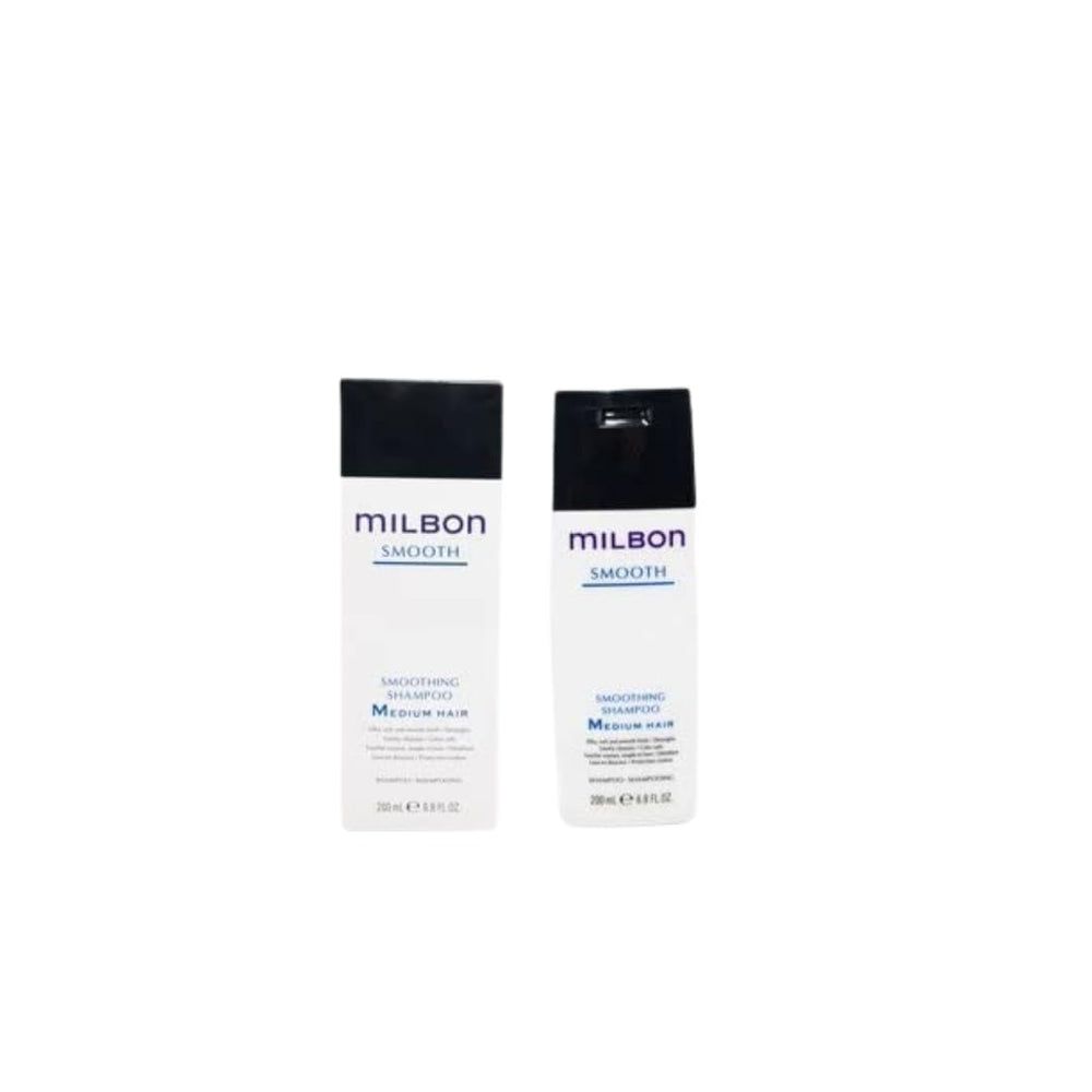 Milbon Smoothing Shampoo bottle close-up for sleek frizz control and hydration.