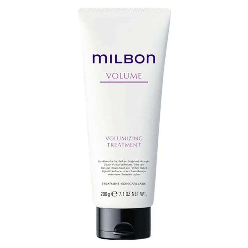 Milbon Volumizing Treatment Conditioner bottle shows lightweight lift for fine hair daily.