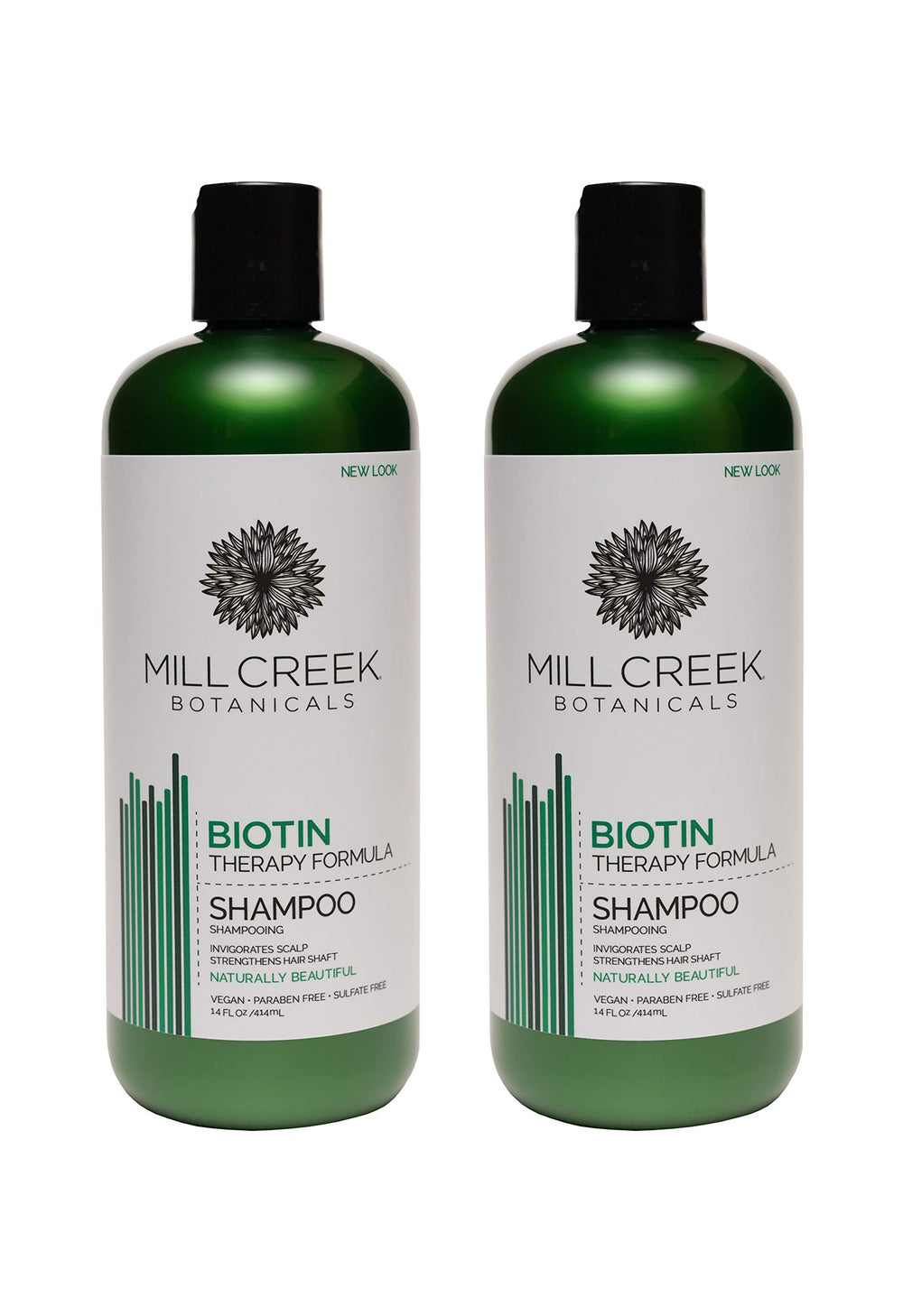 Mill Creek Biotin Shampoo two-pack bottles with peppermint for refreshing scalp sensation and hair nourishment