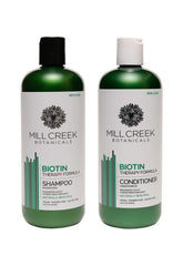 Mill Creek Botanicals Biotin Shampoo & Conditioner bundle packaging for natural hair nourishment.