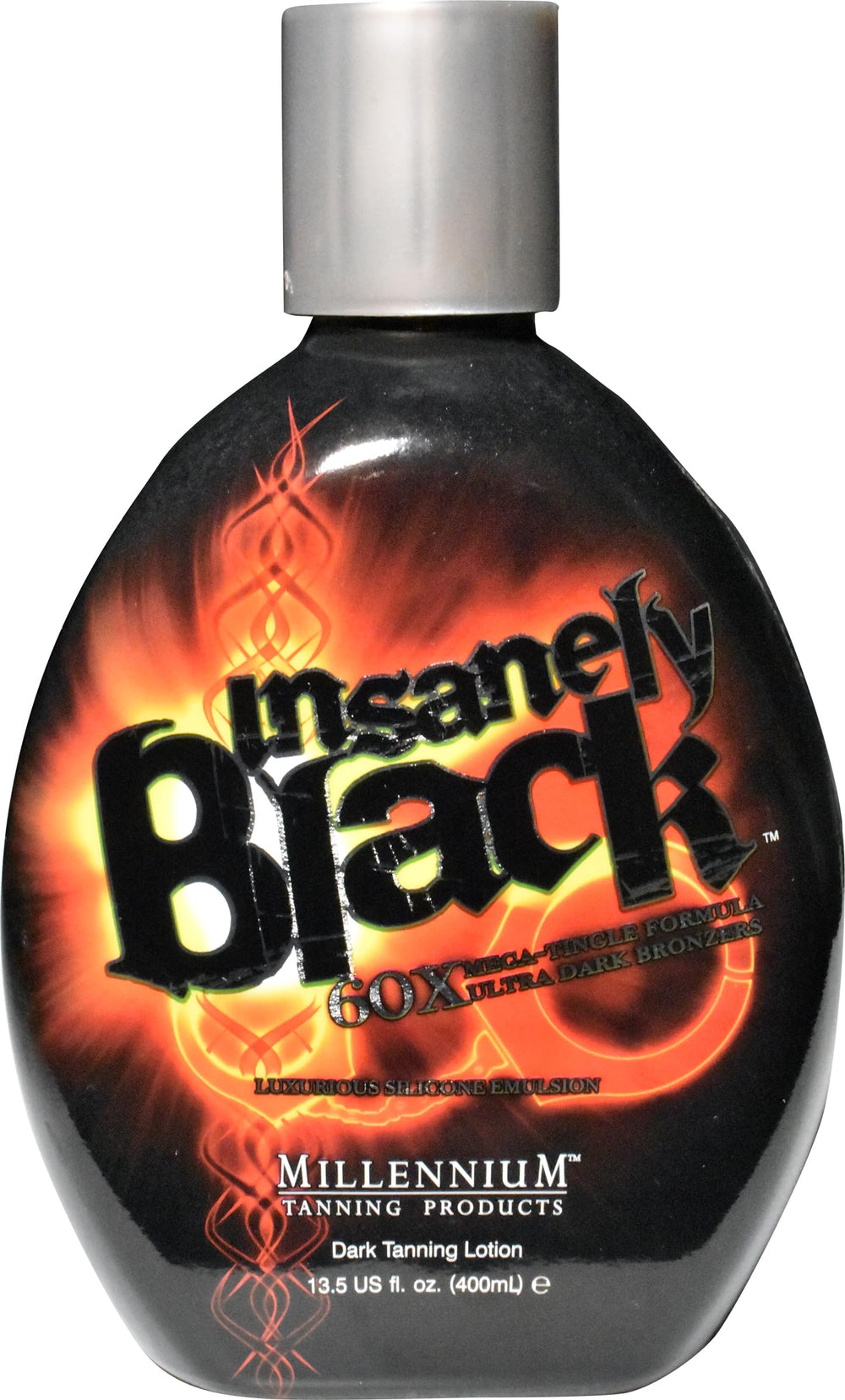Millennium Tanning Insanely Black 60x bottle demonstrates a potent bronzing formula for deeper color.